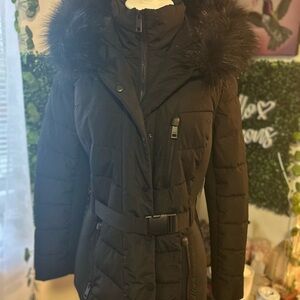 Xersion Women's Black Belted Puffer Coat with Fur Trim